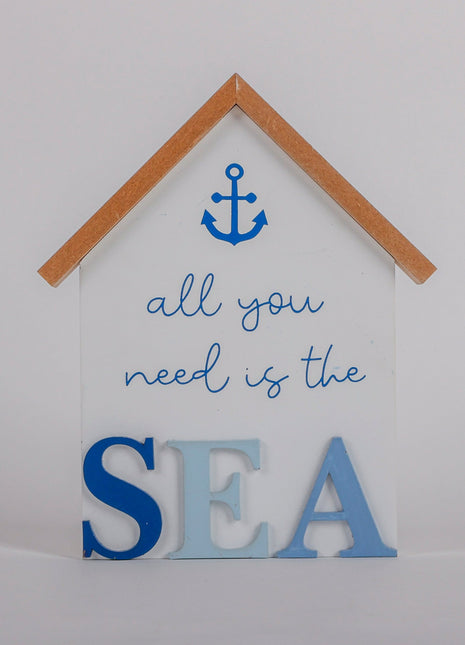 Charming coastal cottage miniature house decor in a beautiful seaside style, All You Need is the Sea, featuring a blue color scheme and intricate wooden design. This elegant home ornament adds a coastal vibe to any space, perfect for living rooms, offices, or as a gift for beach lovers. 1
