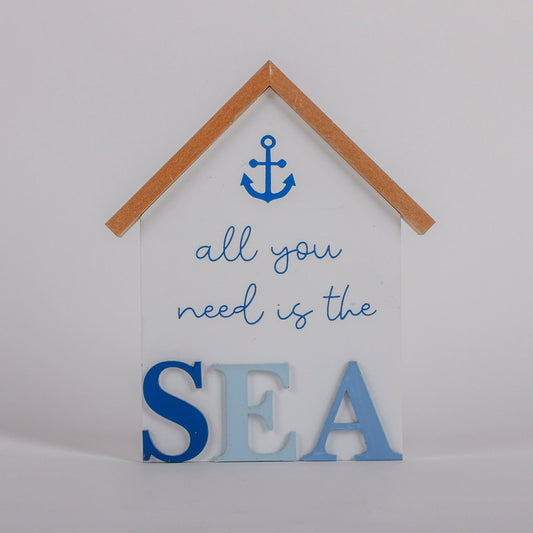 Charming coastal cottage miniature house decor in a beautiful seaside style, All You Need is the Sea, featuring a blue color scheme and intricate wooden design. This elegant home ornament adds a coastal vibe to any space, perfect for living rooms, offices, or as a gift for beach lovers. 1
