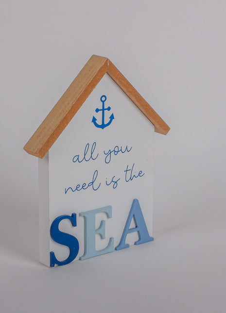 Charming coastal cottage miniature house decor in a beautiful seaside style, All You Need is the Sea, featuring a blue color scheme and intricate wooden design. This elegant home ornament adds a coastal vibe to any space, perfect for living rooms, offices, or as a gift for beach lovers. 2
