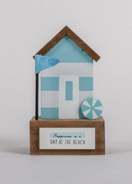 Charming coastal cottage miniature house decor in a beautiful seaside style, Happiness is a Day at the Beach ,featuring a blue color scheme and intricate wooden design. This elegant home ornament adds a coastal vibe to any space, perfect for living rooms, offices, or as a gift for beach lovers. 1

