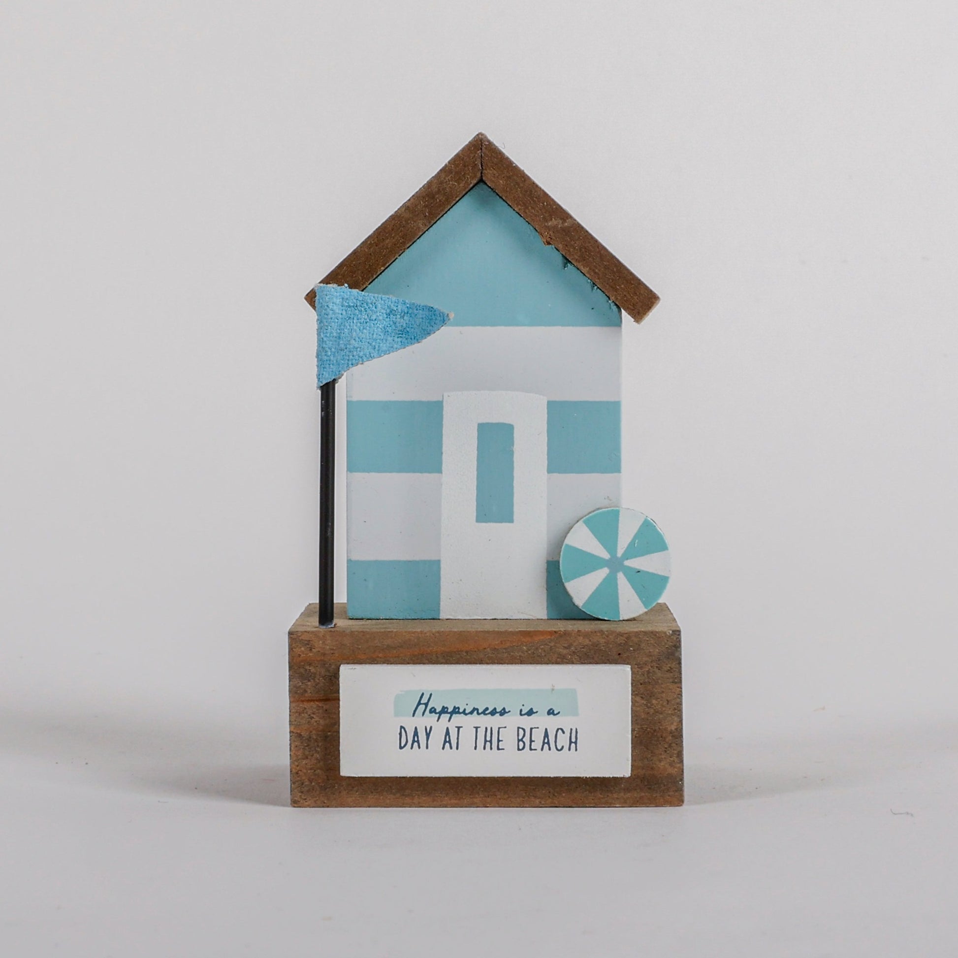 Charming coastal cottage miniature house decor in a beautiful seaside style, Happiness is a Day at the Beach ,featuring a blue color scheme and intricate wooden design. This elegant home ornament adds a coastal vibe to any space, perfect for living rooms, offices, or as a gift for beach lovers. 1
