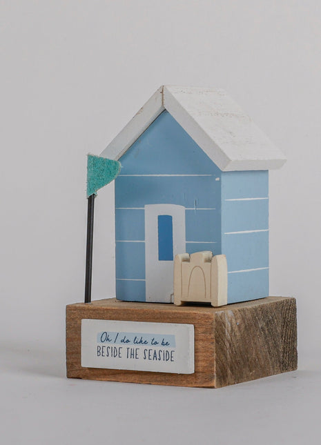 Charming coastal cottage miniature house decor in a beautiful seaside style,  Oh I Do Like to be Beside the Seaside, featuring a blue color scheme and intricate wooden design. This elegant home ornament adds a coastal vibe to any space, perfect for living rooms, offices, or as a gift for beach lovers. 1
