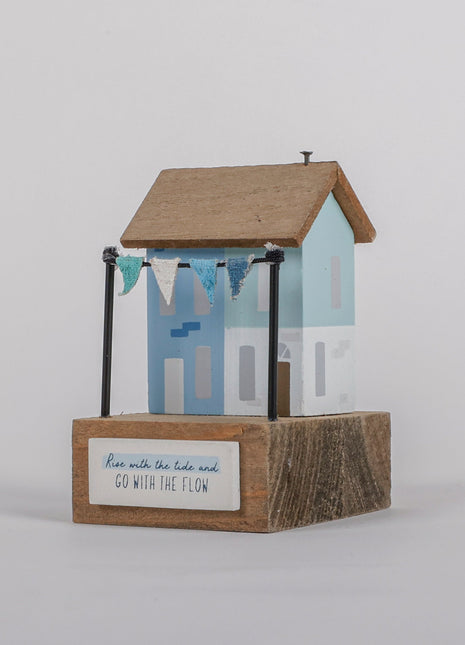 Charming coastal cottage miniature house decor in a beautiful seaside style, Rise with the Tide and Go with the Flow ,featuring a blue color scheme and intricate wooden design. This elegant home ornament adds a coastal vibe to any space, perfect for living rooms, offices, or as a gift for beach lovers. 1
