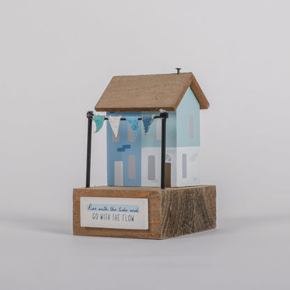 Charming coastal cottage miniature house decor in a beautiful seaside style, Rise with the Tide and Go with the Flow ,featuring a blue color scheme and intricate wooden design. This elegant home ornament adds a coastal vibe to any space, perfect for living rooms, offices, or as a gift for beach lovers. 1
