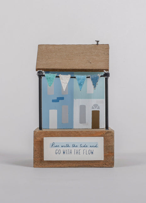 Charming coastal cottage miniature house decor in a beautiful seaside style, Rise with the Tide and Go with the Flow ,featuring a blue color scheme and intricate wooden design. This elegant home ornament adds a coastal vibe to any space, perfect for living rooms, offices, or as a gift for beach lovers. 2
