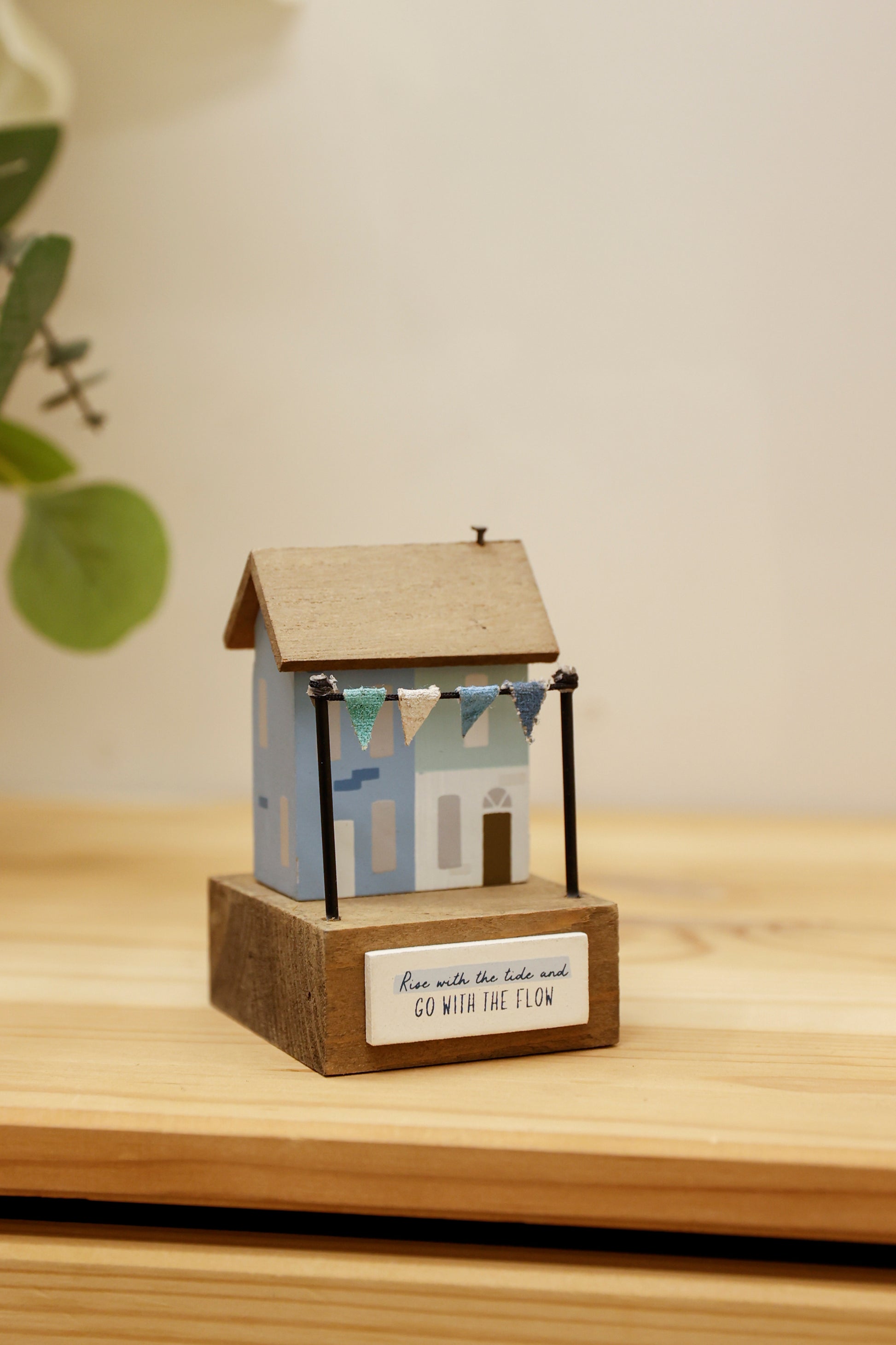 Charming coastal cottage miniature house decor in a beautiful seaside style, Rise with the Tide and Go with the Flow ,featuring a blue color scheme and intricate wooden design. This elegant home ornament adds a coastal vibe to any space, perfect for living rooms, offices, or as a gift for beach lovers. 3
