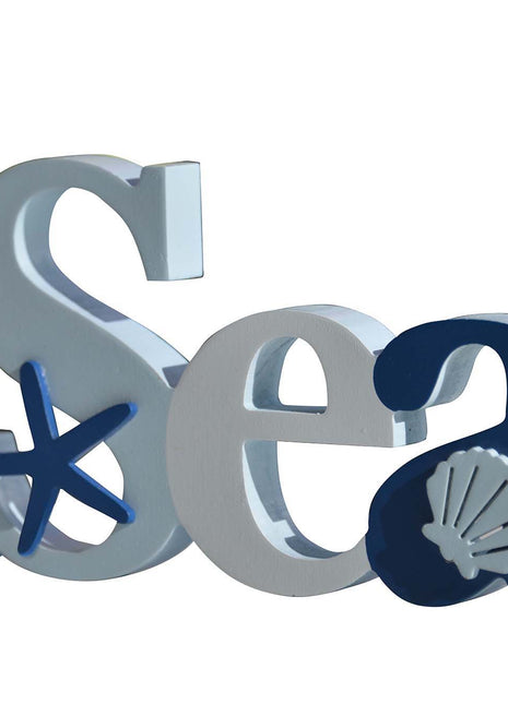 Charming coastal Sea letters shaped house decor with starfish and seashell in a beautiful seaside style, featuring a blue color scheme and intricate wooden design. This elegant home ornament adds a coastal vibe to any space, perfect for living rooms, offices, or as a gift for beach lovers. 1
