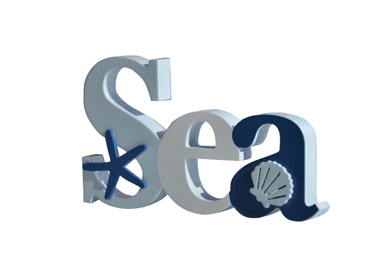 Charming coastal Sea letters shaped house decor with starfish and seashell in a beautiful seaside style, featuring a blue color scheme and intricate wooden design. This elegant home ornament adds a coastal vibe to any space, perfect for living rooms, offices, or as a gift for beach lovers. 1

