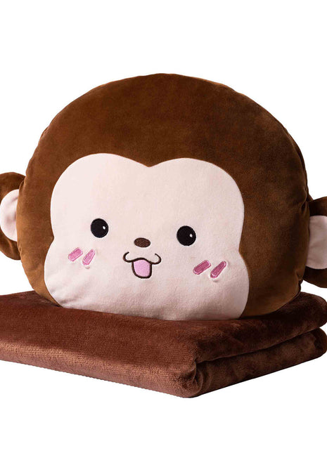 Adorable monkey plush toy, cartoon monkey stuffed toy with a soft blanket inside and a hand-warmer feature in its belly. This multi-functional stuffed animal offers comfort and warmth. Soft and cuddly, this squishmallow-style stuffed animal doubles as a pillow for kids, making it the perfect plushie and comfort companion for bedtime or playtime. 1
