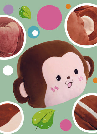 Adorable monkey plush toy, cartoon monkey stuffed toy with a soft blanket inside and a hand-warmer feature in its belly. This multi-functional stuffed animal offers comfort and warmth. Soft and cuddly, this squishmallow-style stuffed animal doubles as a pillow for kids, making it the perfect plushie and comfort companion for bedtime or playtime. 3

