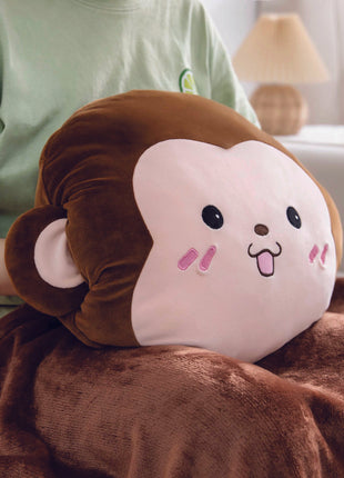 Adorable monkey plush toy, cartoon monkey stuffed toy with a soft blanket inside and a hand-warmer feature in its belly. This multi-functional stuffed animal offers comfort and warmth. Soft and cuddly, this squishmallow-style stuffed animal doubles as a pillow for kids, making it the perfect plushie and comfort companion for bedtime or playtime. 4
