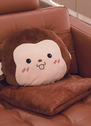 Adorable monkey plush toy, cartoon monkey stuffed toy with a soft blanket inside and a hand-warmer feature in its belly. This multi-functional stuffed animal offers comfort and warmth. Soft and cuddly, this squishmallow-style stuffed animal doubles as a pillow for kids, making it the perfect plushie and comfort companion for bedtime or playtime. 5
