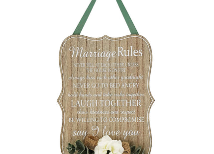 Elegant wooden hanging room decor featuring "Marriage Rules" with beautifully designed typography, perfect as a wedding gift or anniversary keepsake for newlyweds, adding a charming and sentimental touch to their home. Ideal for displaying in living rooms, bedrooms, or kitchens to celebrate love and marriage. 1
