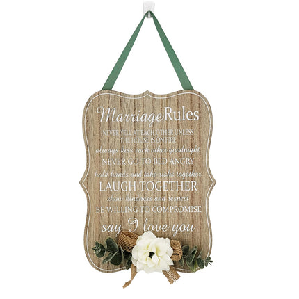Elegant wooden hanging room decor featuring "Marriage Rules" with beautifully designed typography, perfect as a wedding gift or anniversary keepsake for newlyweds, adding a charming and sentimental touch to their home. Ideal for displaying in living rooms, bedrooms, or kitchens to celebrate love and marriage. 1
