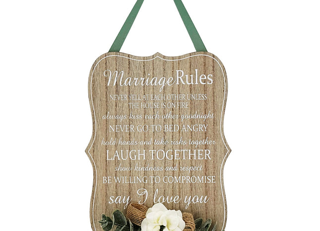Elegant wooden hanging room decor featuring "Marriage Rules" with beautifully designed typography, perfect as a wedding gift or anniversary keepsake for newlyweds, adding a charming and sentimental touch to their home. Ideal for displaying in living rooms, bedrooms, or kitchens to celebrate love and marriage. 1
