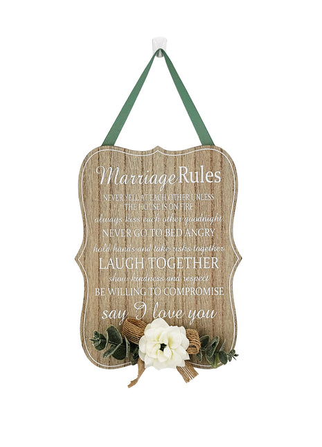 Elegant wooden hanging room decor featuring "Marriage Rules" with beautifully designed typography, perfect as a wedding gift or anniversary keepsake for newlyweds, adding a charming and sentimental touch to their home. Ideal for displaying in living rooms, bedrooms, or kitchens to celebrate love and marriage. 1

