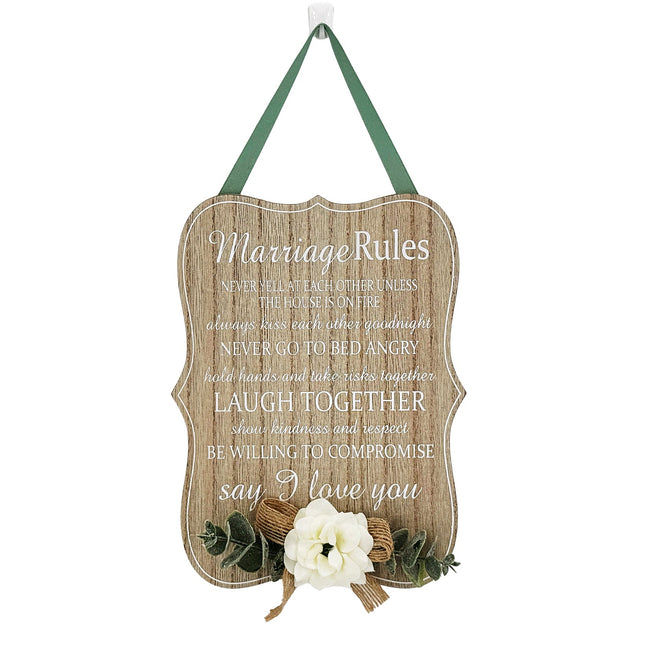 Elegant wooden hanging room decor featuring "Marriage Rules" with beautifully designed typography, perfect as a wedding gift or anniversary keepsake for newlyweds, adding a charming and sentimental touch to their home. Ideal for displaying in living rooms, bedrooms, or kitchens to celebrate love and marriage. 1
