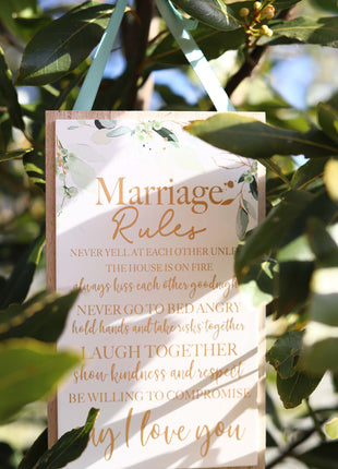 Elegant wooden hanging room decor featuring "Marriage Rules" with beautifully designed typography, perfect as a wedding gift or anniversary keepsake for newlyweds, adding a charming and sentimental touch to their home. Ideal for displaying in living rooms, bedrooms, or kitchens to celebrate love and marriage. 11
