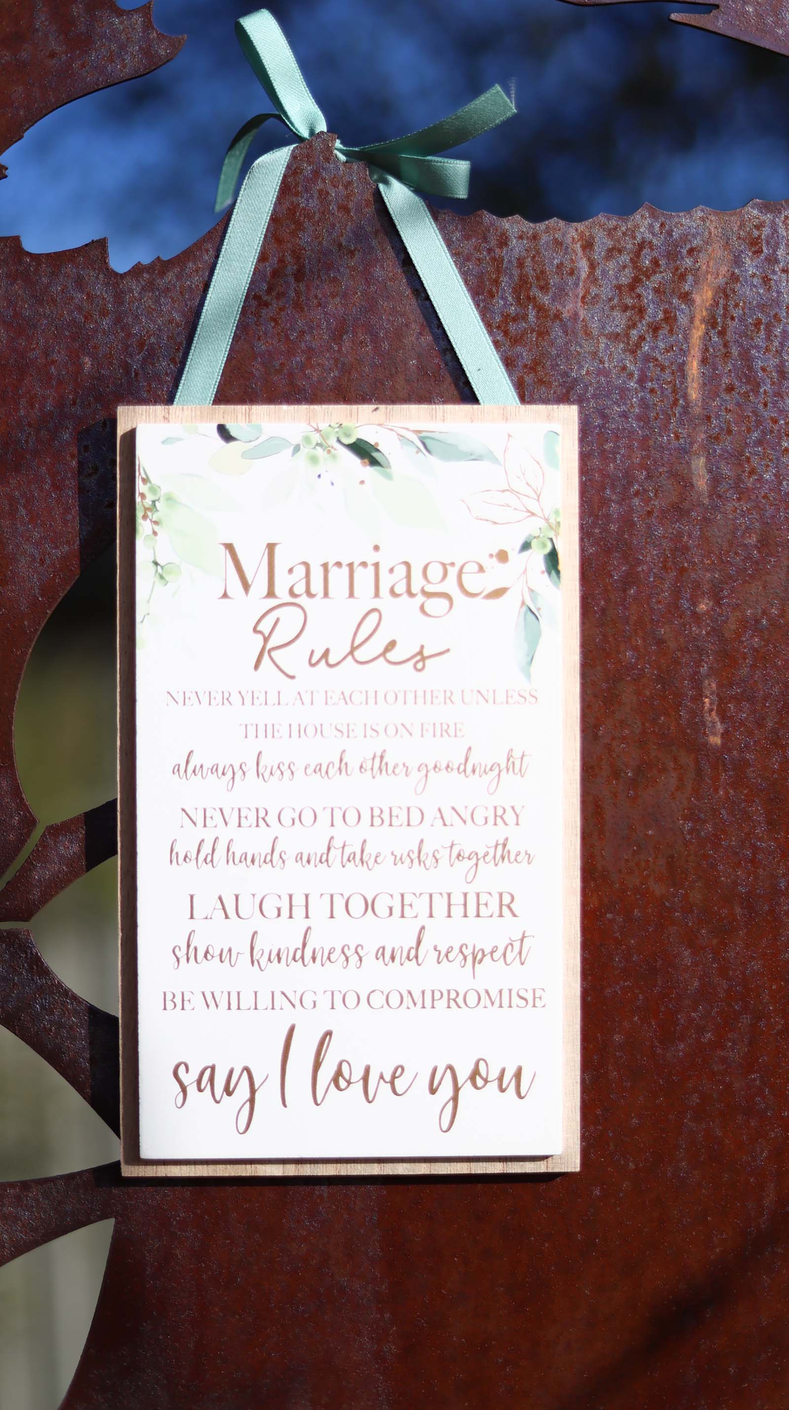 Elegant wooden hanging room decor featuring "Marriage Rules" with beautifully designed typography, perfect as a wedding gift or anniversary keepsake for newlyweds, adding a charming and sentimental touch to their home. Ideal for displaying in living rooms, bedrooms, or kitchens to celebrate love and marriage. 12
