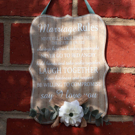 Elegant wooden hanging room decor featuring "Marriage Rules" with beautifully designed typography, perfect as a wedding gift or anniversary keepsake for newlyweds, adding a charming and sentimental touch to their home. Ideal for displaying in living rooms, bedrooms, or kitchens to celebrate love and marriage. 2
