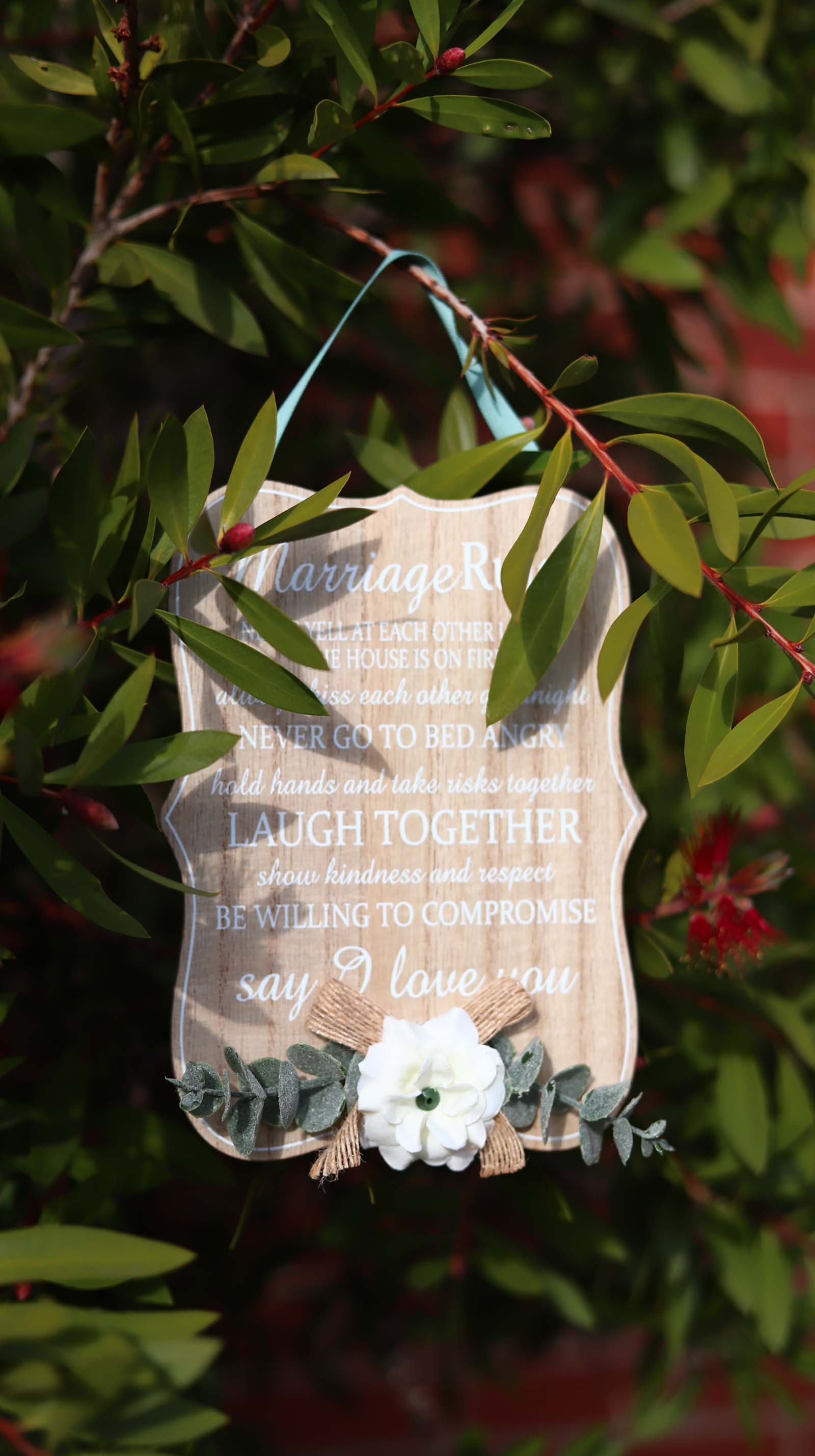 Elegant wooden hanging room decor featuring "Marriage Rules" with beautifully designed typography, perfect as a wedding gift or anniversary keepsake for newlyweds, adding a charming and sentimental touch to their home. Ideal for displaying in living rooms, bedrooms, or kitchens to celebrate love and marriage. 3
