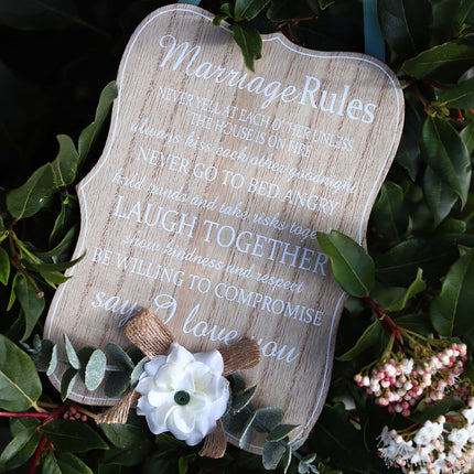 Elegant wooden hanging room decor featuring "Marriage Rules" with beautifully designed typography, perfect as a wedding gift or anniversary keepsake for newlyweds, adding a charming and sentimental touch to their home. Ideal for displaying in living rooms, bedrooms, or kitchens to celebrate love and marriage. 4
