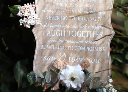 Elegant wooden hanging room decor featuring "Marriage Rules" with beautifully designed typography, perfect as a wedding gift or anniversary keepsake for newlyweds, adding a charming and sentimental touch to their home. Ideal for displaying in living rooms, bedrooms, or kitchens to celebrate love and marriage. 5
