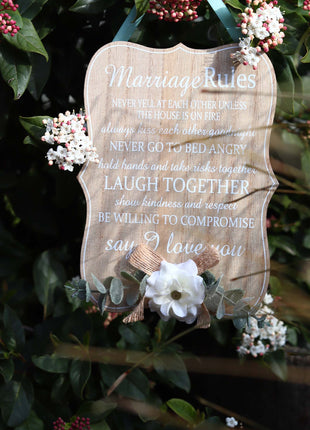 Elegant wooden hanging room decor featuring "Marriage Rules" with beautifully designed typography, perfect as a wedding gift or anniversary keepsake for newlyweds, adding a charming and sentimental touch to their home. Ideal for displaying in living rooms, bedrooms, or kitchens to celebrate love and marriage. 5
