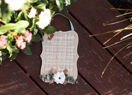 Elegant wooden hanging room decor featuring "Marriage Rules" with beautifully designed typography, perfect as a wedding gift or anniversary keepsake for newlyweds, adding a charming and sentimental touch to their home. Ideal for displaying in living rooms, bedrooms, or kitchens to celebrate love and marriage. 6
