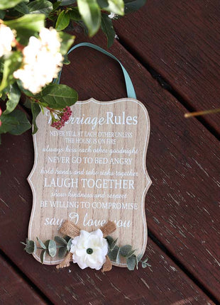 Elegant wooden hanging room decor featuring "Marriage Rules" with beautifully designed typography, perfect as a wedding gift or anniversary keepsake for newlyweds, adding a charming and sentimental touch to their home. Ideal for displaying in living rooms, bedrooms, or kitchens to celebrate love and marriage. 6
