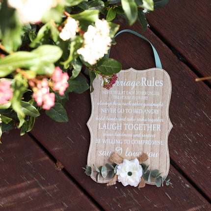 Elegant wooden hanging room decor featuring "Marriage Rules" with beautifully designed typography, perfect as a wedding gift or anniversary keepsake for newlyweds, adding a charming and sentimental touch to their home. Ideal for displaying in living rooms, bedrooms, or kitchens to celebrate love and marriage. 6
