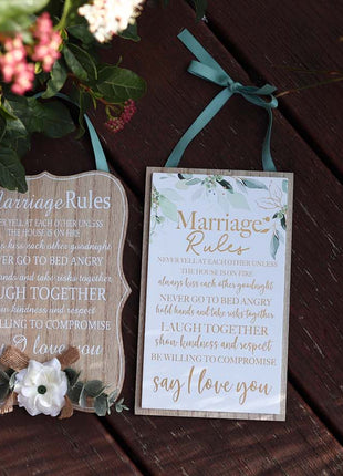 Elegant wooden hanging room decor featuring "Marriage Rules" with beautifully designed typography, perfect as a wedding gift or anniversary keepsake for newlyweds, adding a charming and sentimental touch to their home. Ideal for displaying in living rooms, bedrooms, or kitchens to celebrate love and marriage. 7
