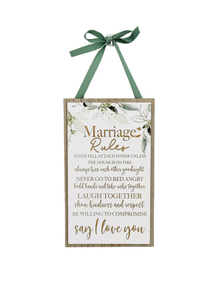 Elegant wooden hanging room decor featuring "Marriage Rules" with beautifully designed typography, perfect as a wedding gift or anniversary keepsake for newlyweds, adding a charming and sentimental touch to their home. Ideal for displaying in living rooms, bedrooms, or kitchens to celebrate love and marriage. 8
