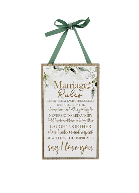 Elegant wooden hanging room decor featuring "Marriage Rules" with beautifully designed typography, perfect as a wedding gift or anniversary keepsake for newlyweds, adding a charming and sentimental touch to their home. Ideal for displaying in living rooms, bedrooms, or kitchens to celebrate love and marriage. 8

