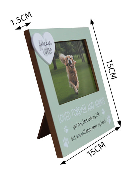 Beautiful green pet memorial picture frame for honoring lost pets, featuring a 4x6 inch photo slot for cherished memories of your dog or cat. Perfect sympathy gift for pet lovers, this dog cat memorial frame makes a heartfelt remembrance gift for those grieving a pet loss. 2