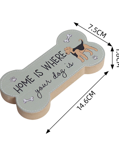 Charming green wooden bone-shaped decor featuring adorable dog illustrations and heartwarming quotes, designed as a thoughtful and compact gift for dog lovers. This small wooden ornament is perfect for shelves, tables, or any cozy space in a pet-friendly home. 2

