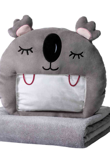 Adorable grey koala plush toy, cartoon koala stuffed toy with a soft blanket inside and a hand-warmer feature in its belly. This multi-functional stuffed animal offers comfort and warmth. Soft and cuddly, this squishmallow-style stuffed animal doubles as a pillow for kids, making it the perfect plushie and comfort companion for bedtime or playtime. 1
