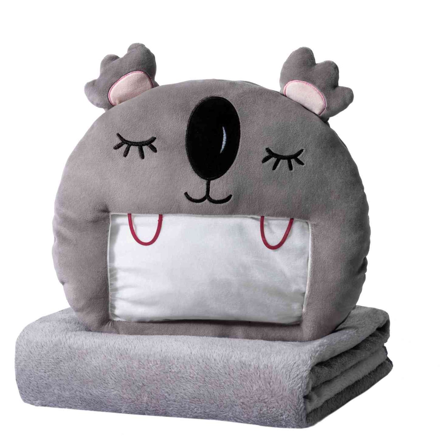 Adorable grey koala plush toy, cartoon koala stuffed toy with a soft blanket inside and a hand-warmer feature in its belly. This multi-functional stuffed animal offers comfort and warmth. Soft and cuddly, this squishmallow-style stuffed animal doubles as a pillow for kids, making it the perfect plushie and comfort companion for bedtime or playtime. 1
