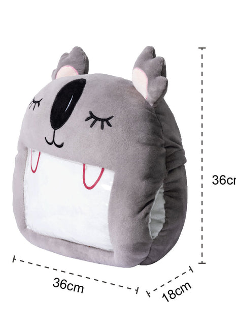 Adorable grey koala plush toy, cartoon koala stuffed toy with a soft blanket inside and a hand-warmer feature in its belly. This multi-functional stuffed animal offers comfort and warmth. Soft and cuddly, this squishmallow-style stuffed animal doubles as a pillow for kids, making it the perfect plushie and comfort companion for bedtime or playtime. 2
