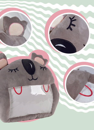 Adorable grey koala plush toy, cartoon koala stuffed toy with a soft blanket inside and a hand-warmer feature in its belly. This multi-functional stuffed animal offers comfort and warmth. Soft and cuddly, this squishmallow-style stuffed animal doubles as a pillow for kids, making it the perfect plushie and comfort companion for bedtime or playtime. 3
