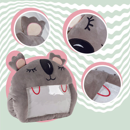 Adorable grey koala plush toy, cartoon koala stuffed toy with a soft blanket inside and a hand-warmer feature in its belly. This multi-functional stuffed animal offers comfort and warmth. Soft and cuddly, this squishmallow-style stuffed animal doubles as a pillow for kids, making it the perfect plushie and comfort companion for bedtime or playtime. 3
