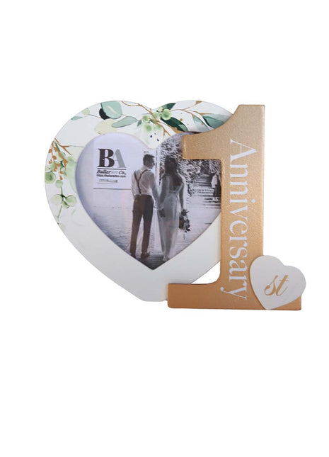 Heart-shaped photo frame featuring the word "Anniversary" and the number 1, a perfect romantic gift for couples celebrating their first anniversary, capturing cherished memories as a keepsake. 1
