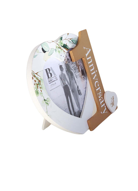 Heart-shaped photo frame featuring the word "Anniversary" and the number 1, a perfect romantic gift for couples celebrating their first anniversary, capturing cherished memories as a keepsake. 2
