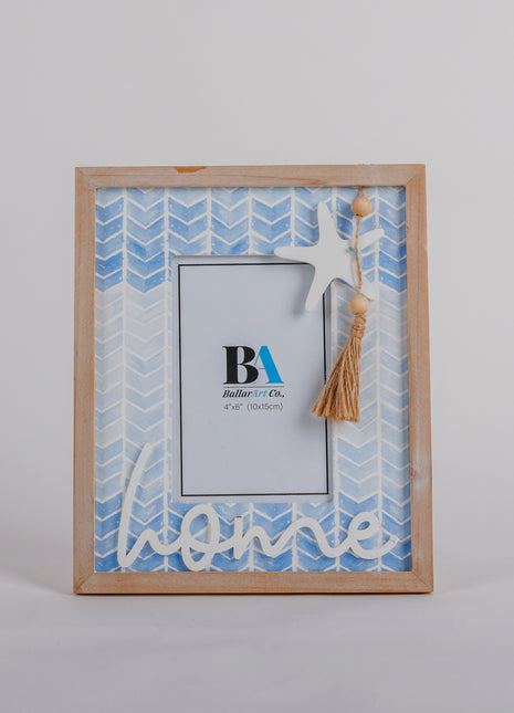 Beautiful ocean-themed 4x6 photo frame with a starfish decoration, featuring a blue coastal design. Perfect for adding a seaside charm to your home decor or showcasing cherished memories in a beach-inspired style. Ideal as a stylish room decoration or gift for ocean lovers. 1
