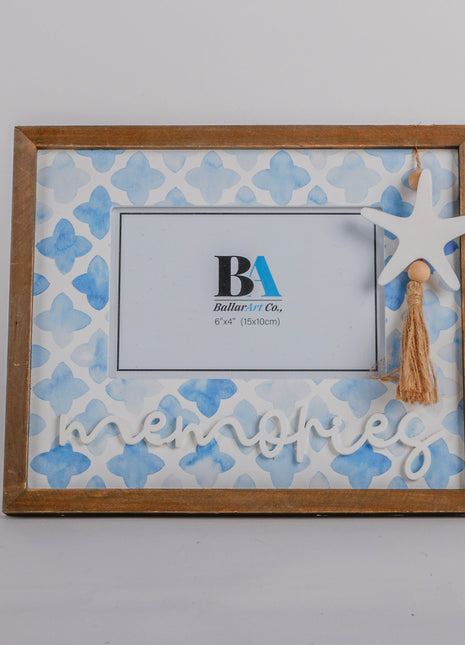 Beautiful ocean-themed 6x4 photo frame with a starfish decoration, featuring a blue coastal design. Perfect for adding a seaside charm to your home decor or showcasing cherished memories in a beach-inspired style. Ideal as a stylish room decoration or gift for ocean lovers. 1
