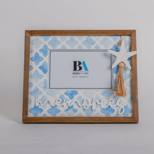 Beautiful ocean-themed 6x4 photo frame with a starfish decoration, featuring a blue coastal design. Perfect for adding a seaside charm to your home decor or showcasing cherished memories in a beach-inspired style. Ideal as a stylish room decoration or gift for ocean lovers. 1
