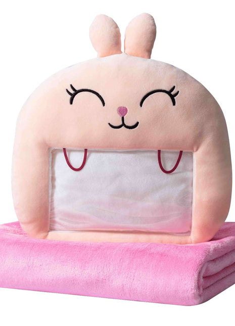 Adorable pink bunny plush toy, cartoon rabbit stuffed toy with a soft blanket inside and a hand-warmer feature in its belly. This multi-functional stuffed animal offers comfort and warmth. Soft and cuddly, this squishmallow-style stuffed animal doubles as a pillow for kids, making it the perfect plushie and comfort companion for bedtime or playtime. 1
