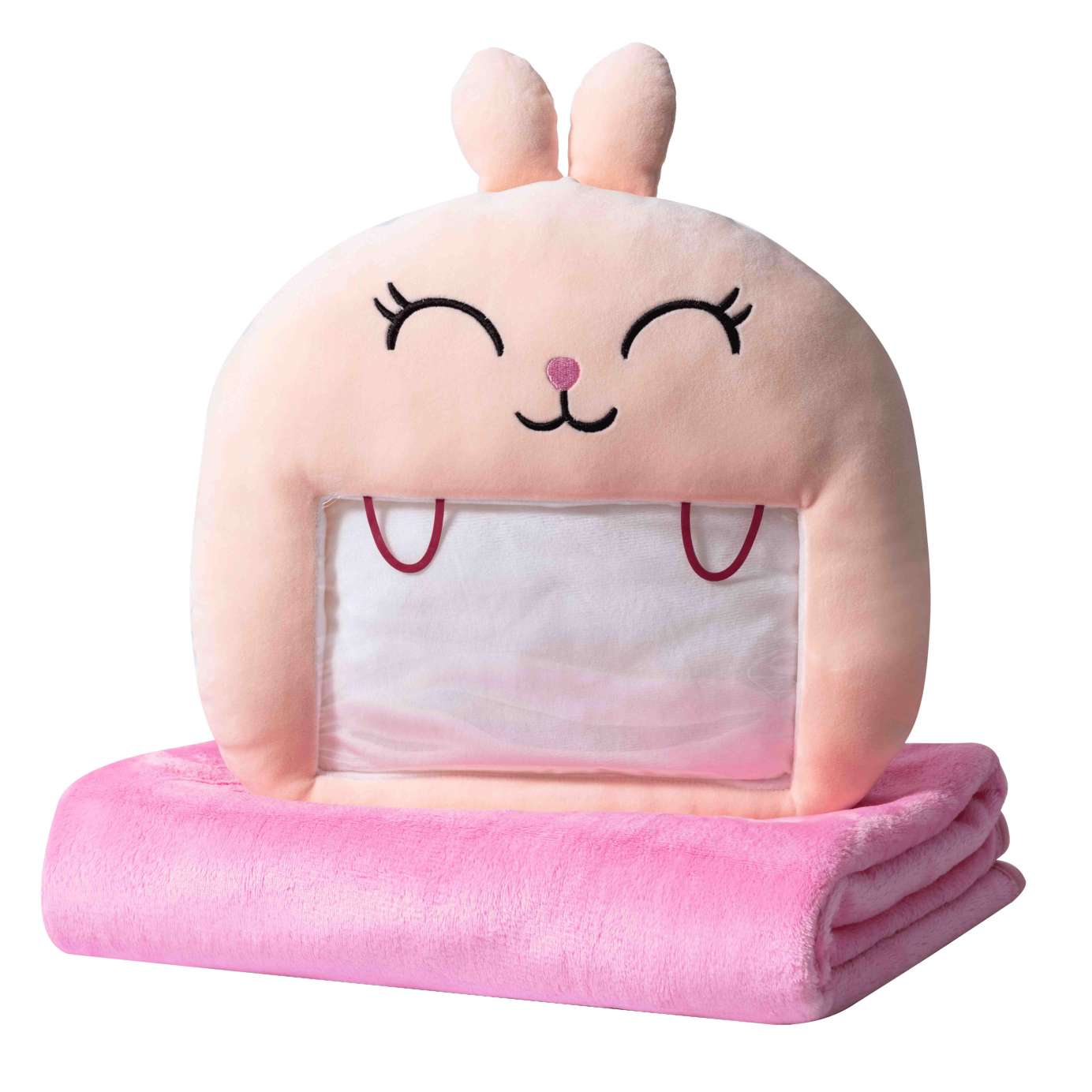 Adorable pink bunny plush toy, cartoon rabbit stuffed toy with a soft blanket inside and a hand-warmer feature in its belly. This multi-functional stuffed animal offers comfort and warmth. Soft and cuddly, this squishmallow-style stuffed animal doubles as a pillow for kids, making it the perfect plushie and comfort companion for bedtime or playtime. 1
