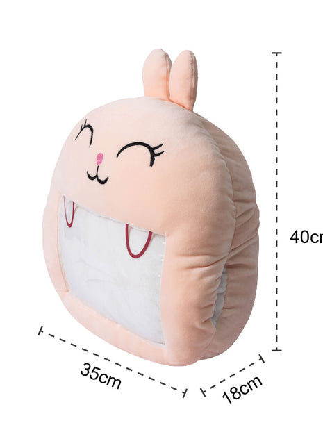 Adorable pink bunny plush toy, cartoon rabbit stuffed toy with a soft blanket inside and a hand-warmer feature in its belly. This multi-functional stuffed animal offers comfort and warmth. Soft and cuddly, this squishmallow-style stuffed animal doubles as a pillow for kids, making it the perfect plushie and comfort companion for bedtime or playtime. 2
