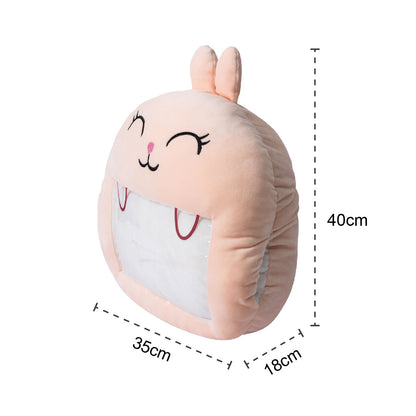 Adorable pink bunny plush toy, cartoon rabbit stuffed toy with a soft blanket inside and a hand-warmer feature in its belly. This multi-functional stuffed animal offers comfort and warmth. Soft and cuddly, this squishmallow-style stuffed animal doubles as a pillow for kids, making it the perfect plushie and comfort companion for bedtime or playtime. 2
